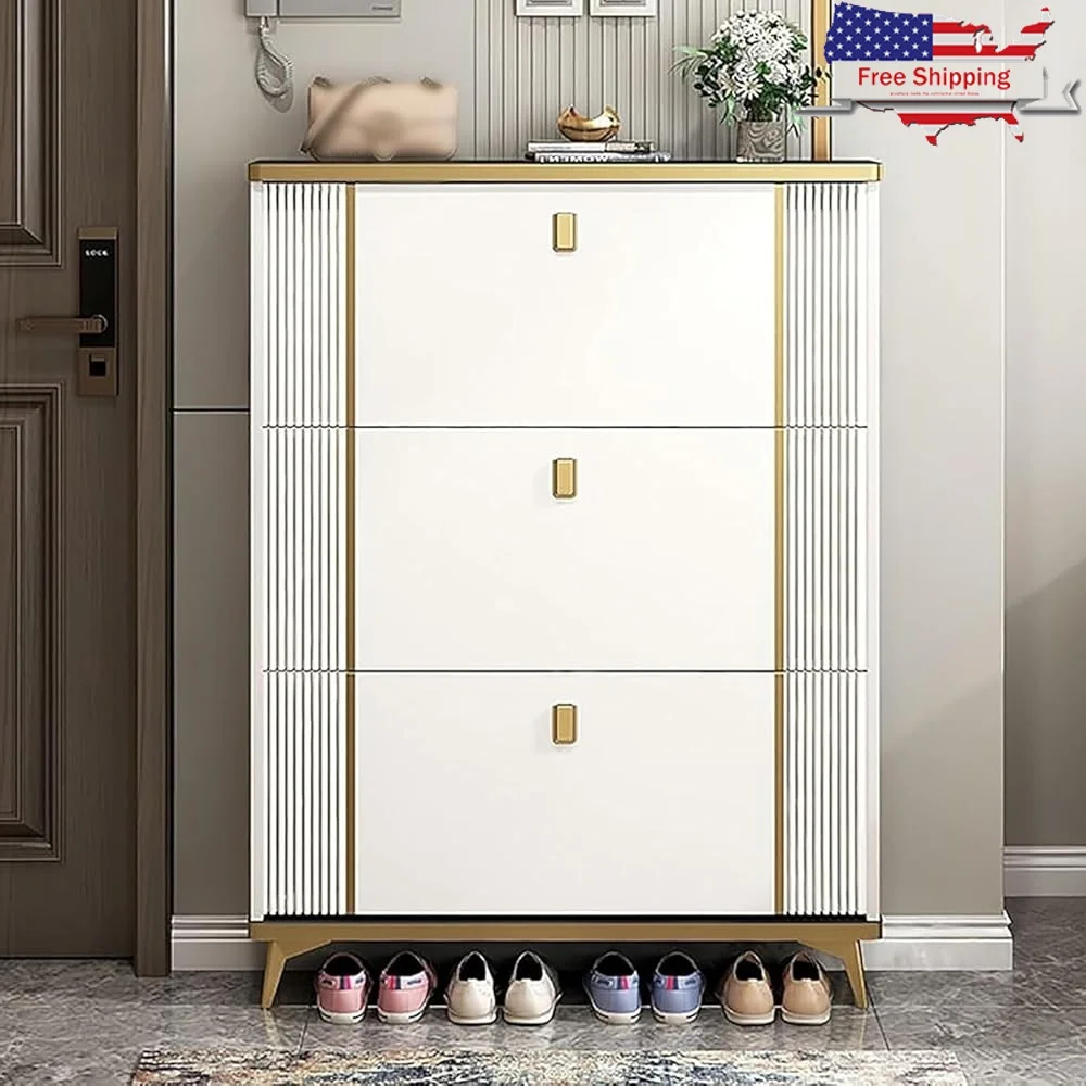 

Tall Slim Shoe Cabinet Freestanding Shoe Rack Organizer with 3 Hidden Flip Drawers Space Saving Entryway Hallway Bedroom