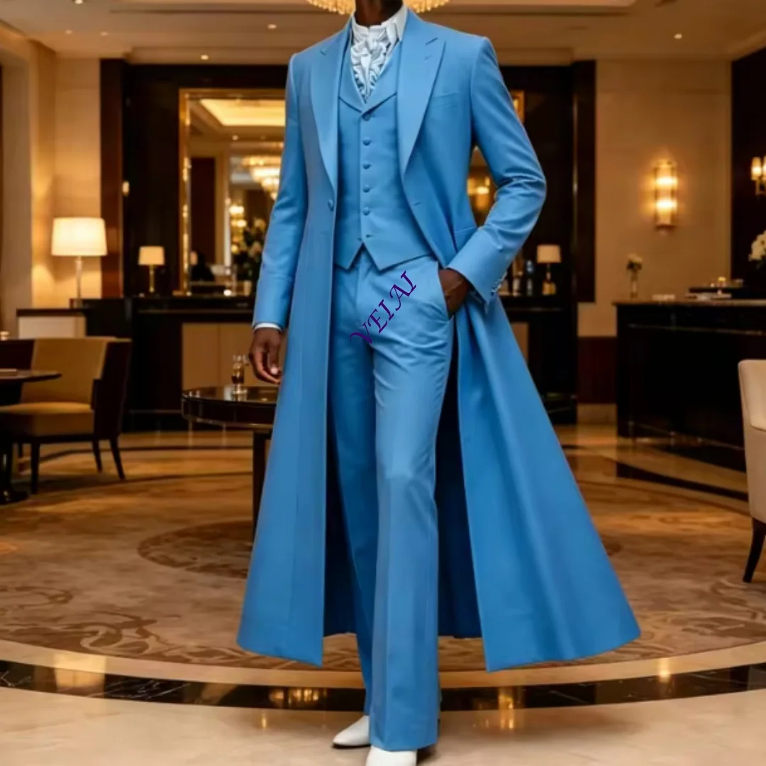 Customized Men Long Coat Tailcoat Suit Elegant 3 Pieces Wedding Groom Formal Tuxedo Slim Blazer Vest Pants Set for Prom Banquet