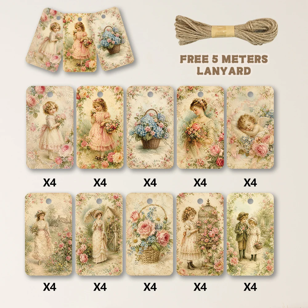40pcs, Gift Tags, Victorian Vintage Floral Girl, Hanging Paper Labels for Gift Wrapping, Holiday Party Decor with String