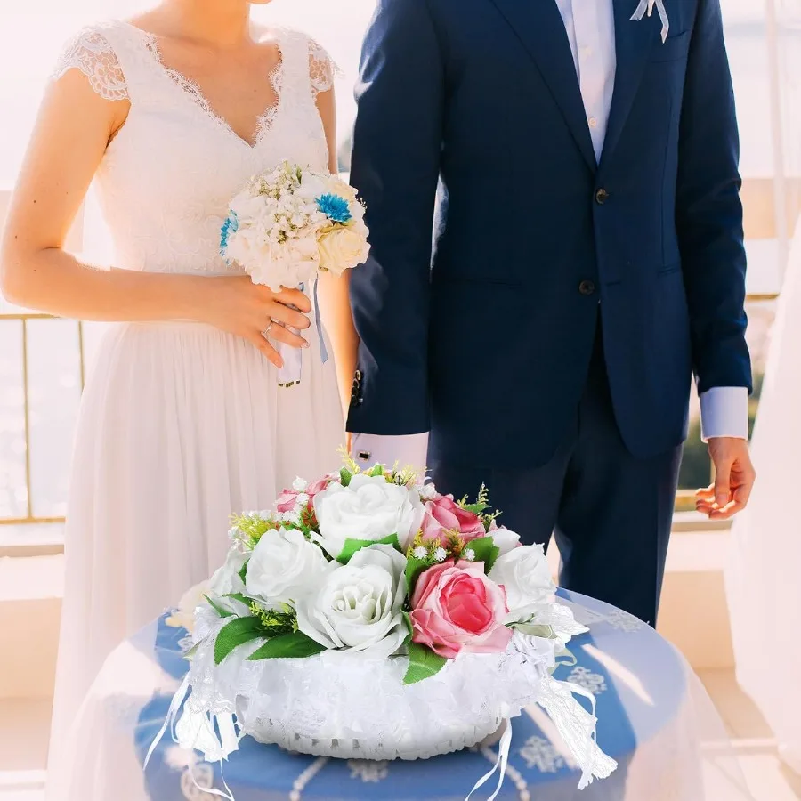 2 قطعة 9 بوصة الزفاف زهرة فتاة سلال مع مقبض قابل للطي الساتان الدانتيل Bowknot سلال ل فتاة الزهور الزفاف أنيقة و Pr #5