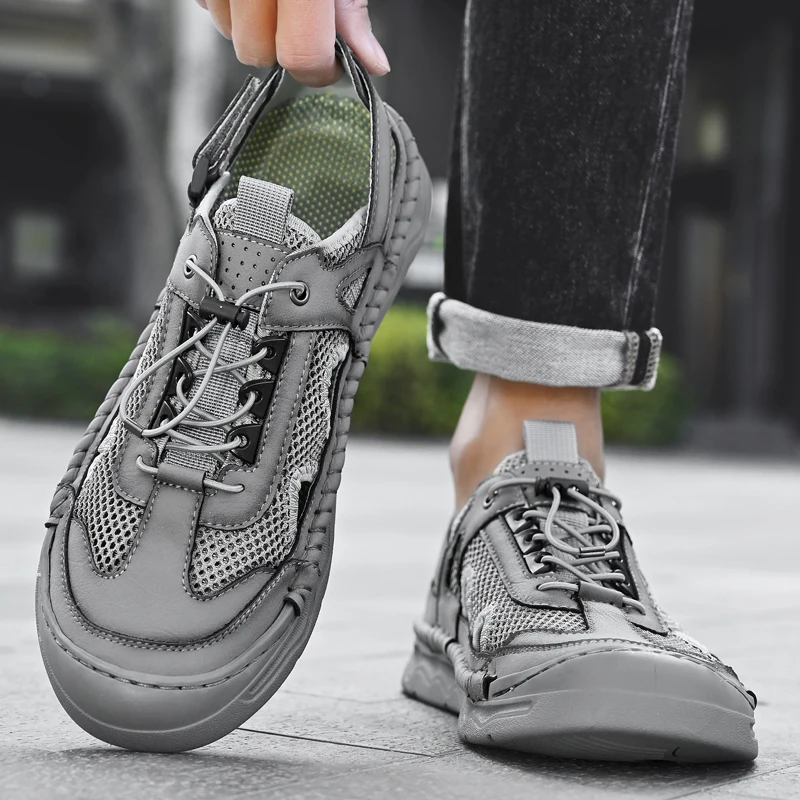 

Summer New Men Handmade Mesh Breathable Sandals Thick Bottom Anti Slip Outdoor Travel Hiking Shoes with Baotou