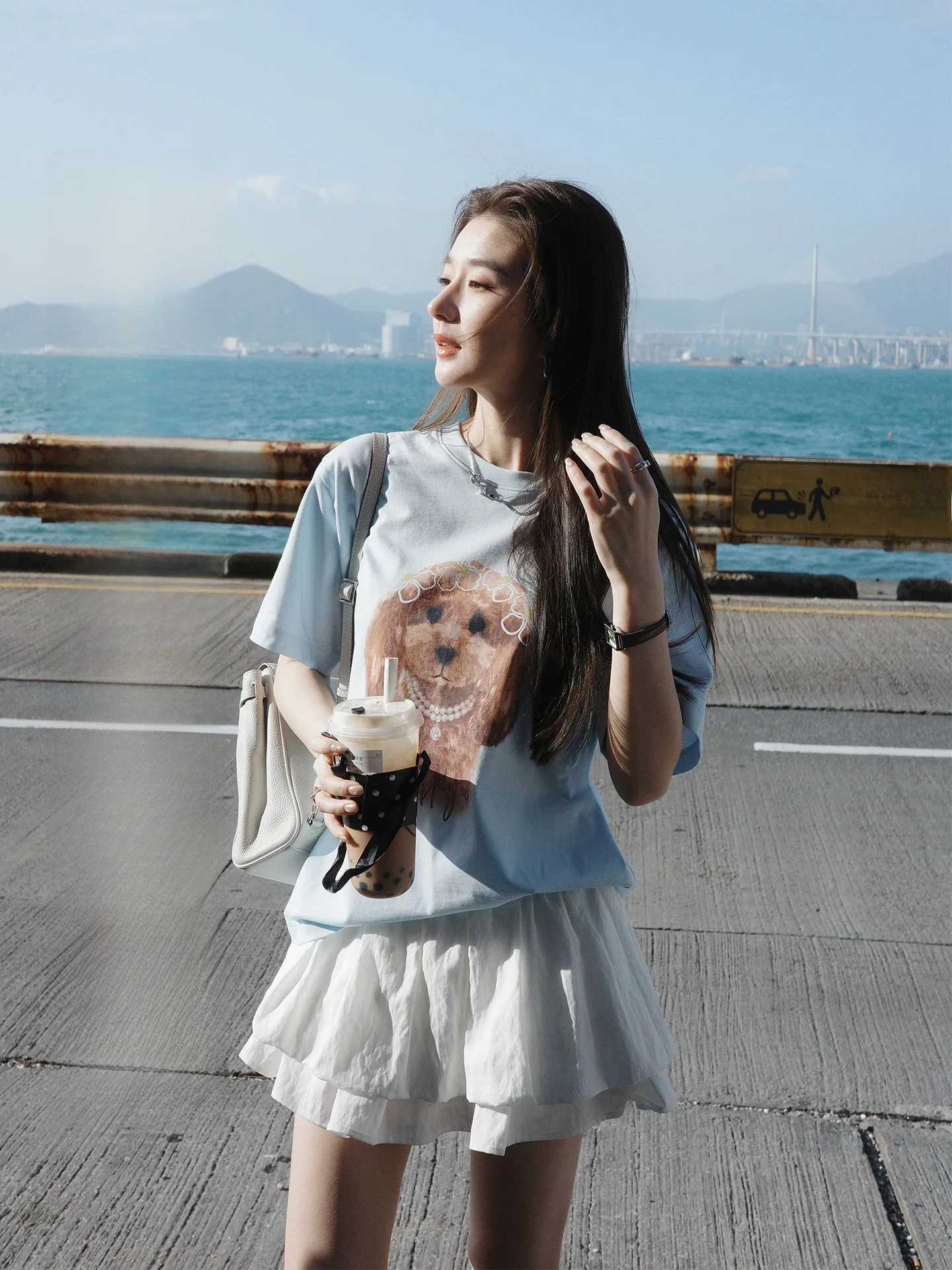 

Summer Poem 100% Pure Combed Cotton Loose round Neck Short Sleeve Women's Sweet Puppy Dog Water Print T-shirt Casual Style