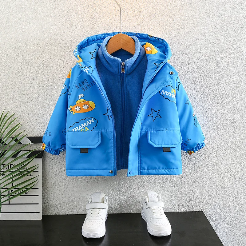 

Джет на подкладке для мальчиков, съемное зимнее пальто «футболка в одном», модное молодежное пальто-стойка из смеси хлопка, водонепроницаемая молния...