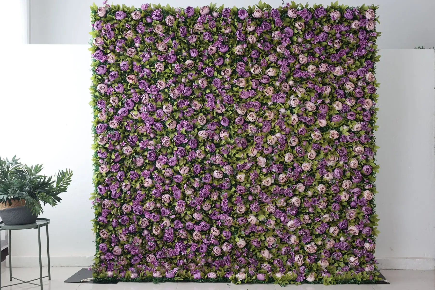 Royal Series Luxury 3D purple artificial rose and eucalyptus leaf fabric flower wall, wedding background, party props