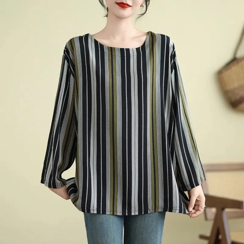 

Korean Style Autumn New Round Neck Striped Long-sleeved Loose Women's Tops Pullover Versatile and Elegant Bottoming Shirt