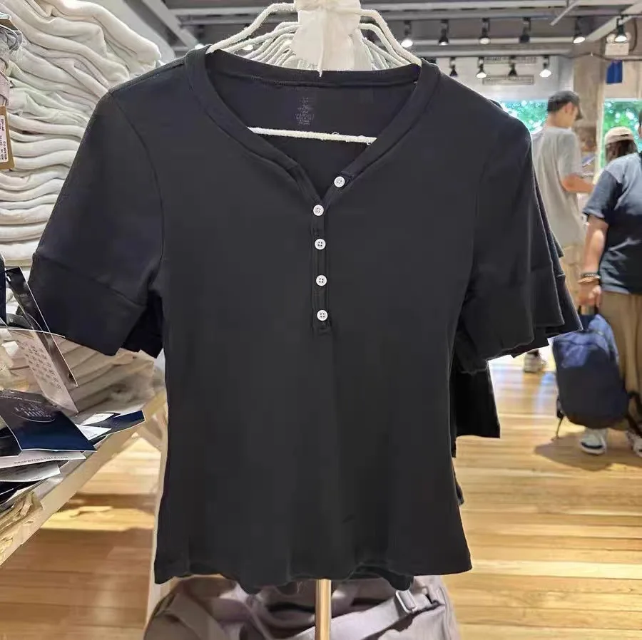 

Five Button Black Casual Women T-shirts Slim Round Neck Short Sleeve Tee Spicy Girl 2024 New Basic Simple Retro Y2K Top Female