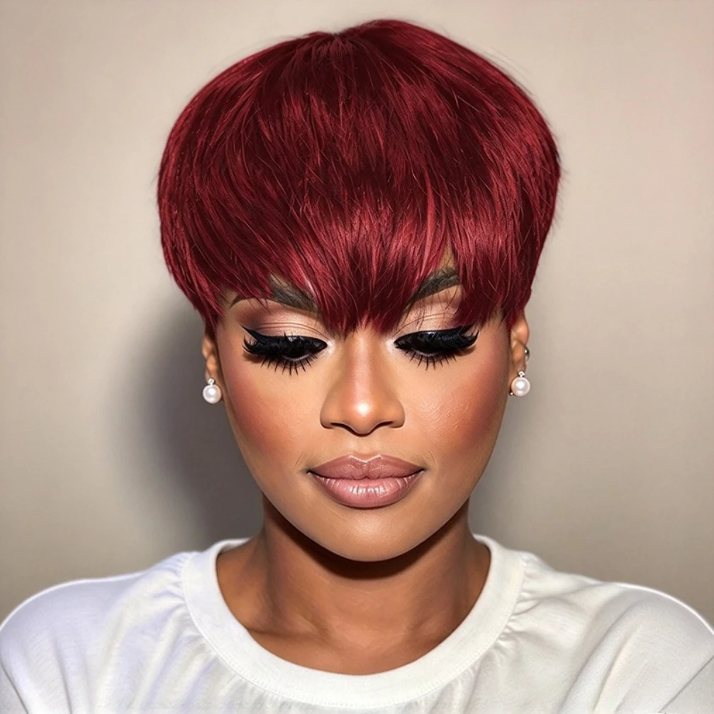 Pixie Cut Straight Human Hair Wig For Women Full Machine Made Human Hair Wig 150% Density 6Inch