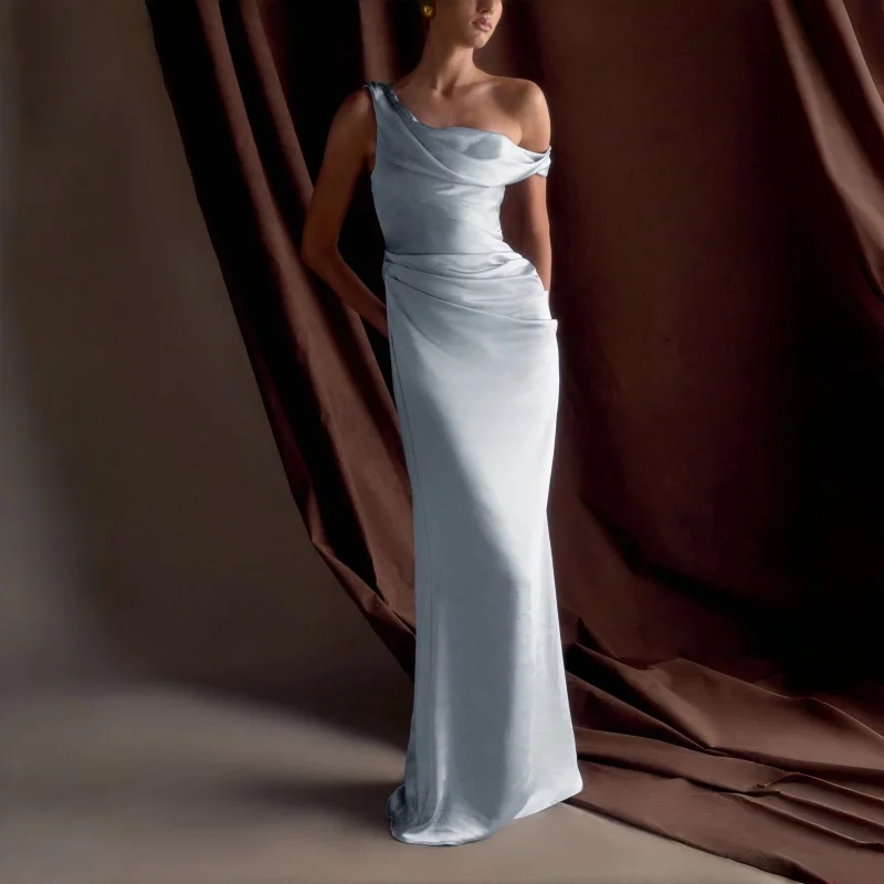 

One Shoulder Satin Women 's Maxi Dress Cowl Neck Ruched Waist Bodycon Dresses 2026 Summer Woman Formal Evening Party Vestidos