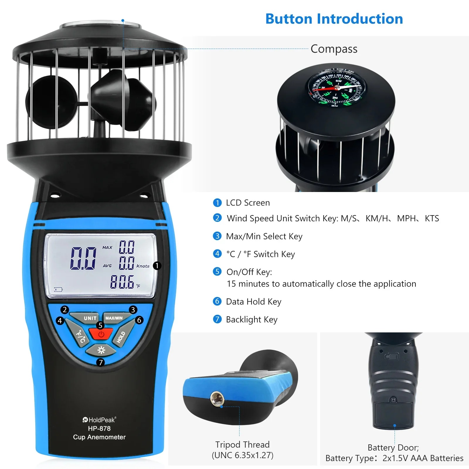 Imagem -03 - Btmeter-anemômetro Portátil Medidor de Vento Temperatura do Vento Volume do ar Velocidade Direção com Retroiluminação Lcd Bt878 042 m s