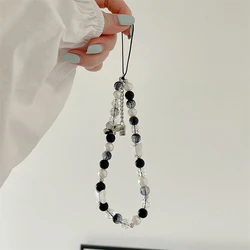 Korean Cute Silvery Butterfly Black White Bead Beaded Phone Chain Charm Lanyard For iPhone CCD Hanging Rope Girl Jewelry Pendant