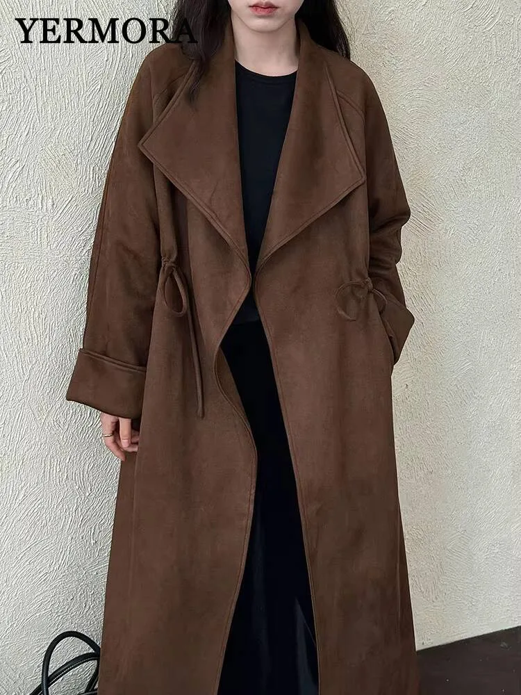 

YERMORA Brown Drawstring Suede Pocket Trench For Women Lapel Long Sleeve Loose New Windbreaker Fashion Tide Autumn Winter 2025