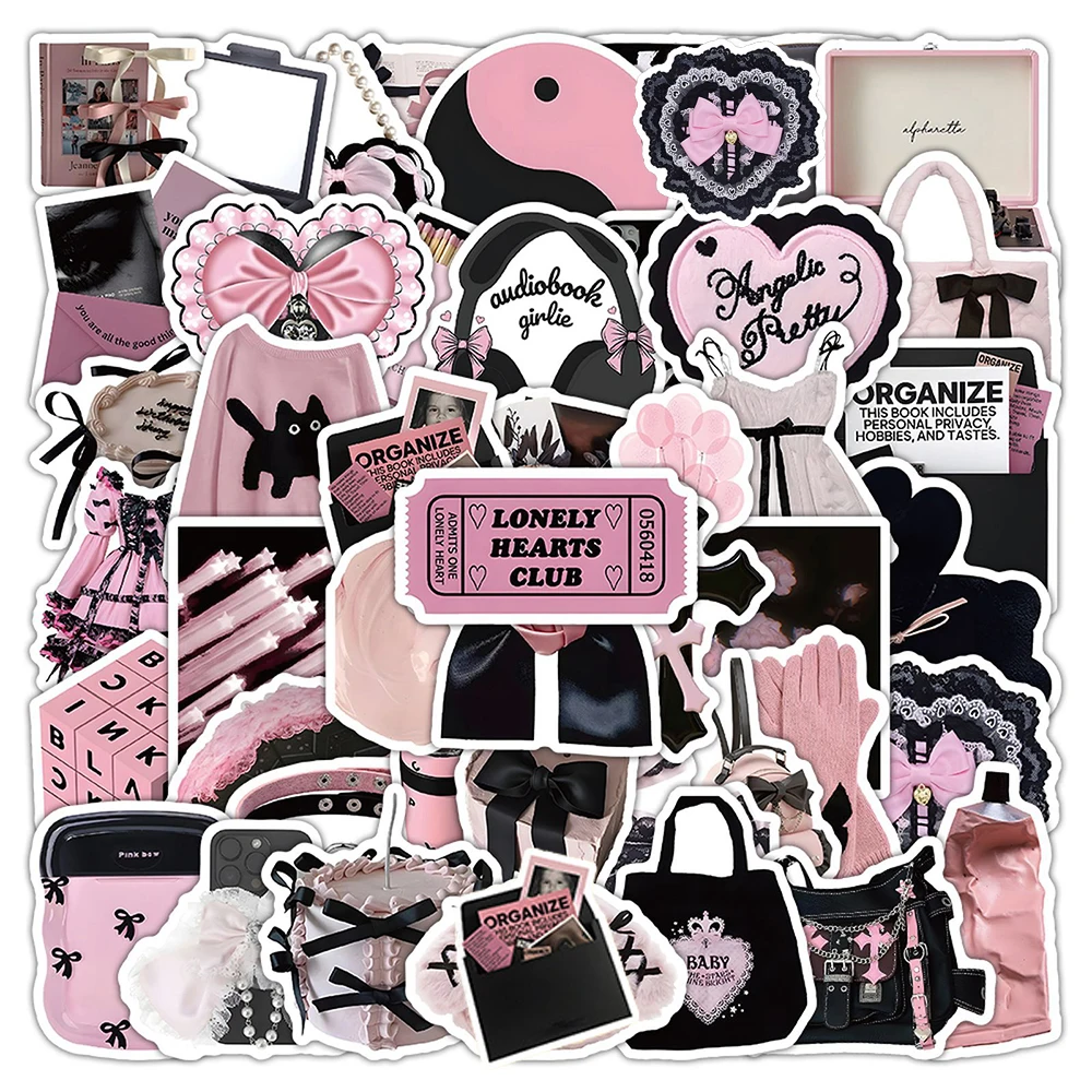 10/30/54pcs INS Style Pink Black Stickers Cute Aesthetic Graffiti Decals DIY Guitar Phone Scrapbook Bike Cartoon Sticker Decor