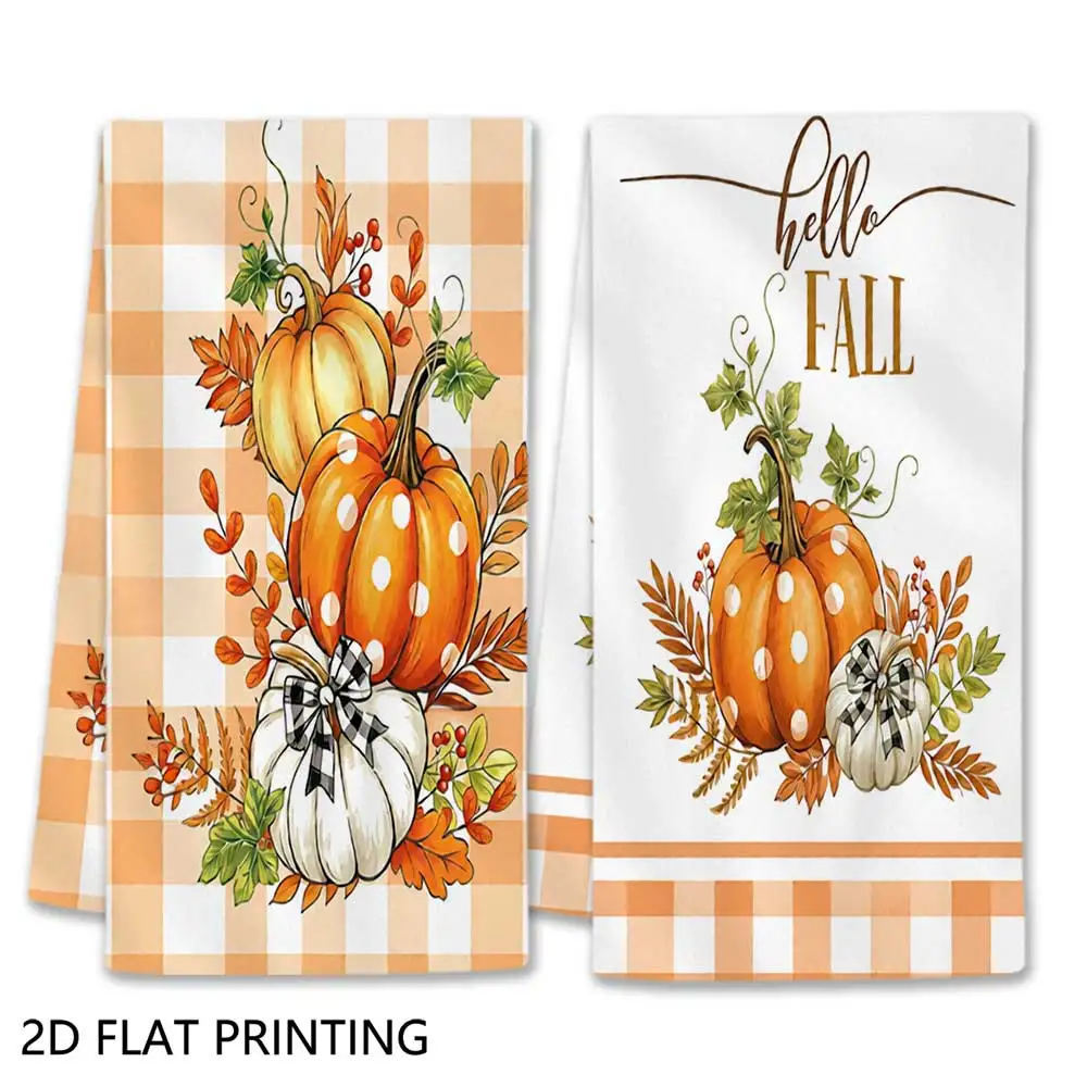 Jit 2pcs Fall Pumpkin Plaid Pattern Dish Towels For Autumn Enthusiasts Kitchen Home Decor