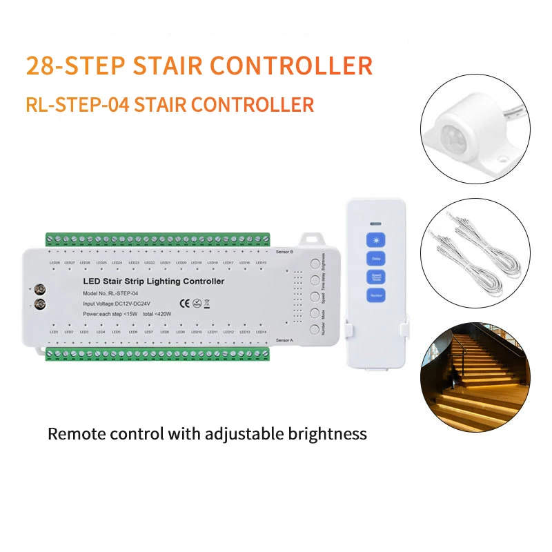 28 Steps Smart Sensor Stair Light Bar Controller Brightness Adjustable Stair Tread Light Controller with Remote Control