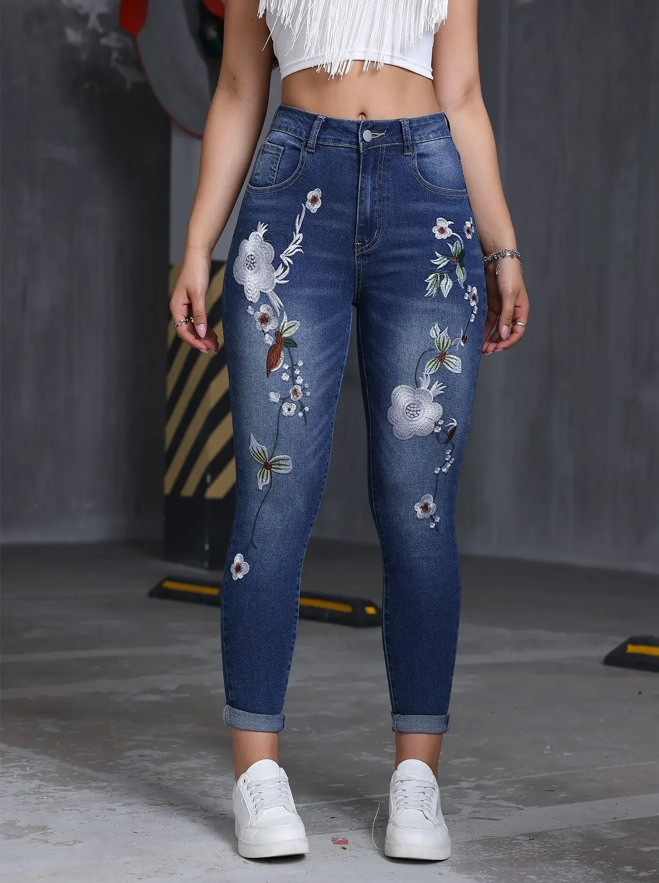 Y2k Jeans For Woman High Waisted Floral Embroidery Skinny Stretch Denim Trousers Slim Fit Ankle Length Elegant Female Pants