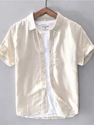 

Men's Casual Linen Cotton Blend Short Sleeve Shirt Breathable Thin Summer Youth Cotton Linen Material Leisure White Shirt