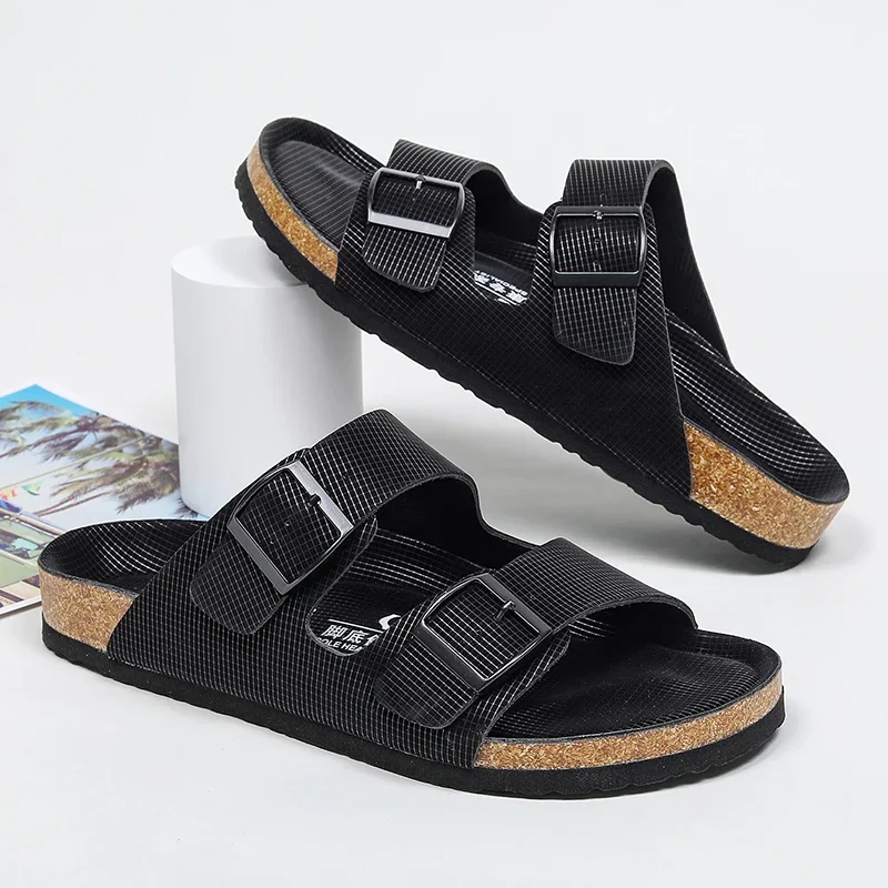 Thick Sole Men Cork Slippers Summer Casual Double Buckle Non-slip Clogs Slides Slip on Men Leather Beach Vacation Comfort Shoes