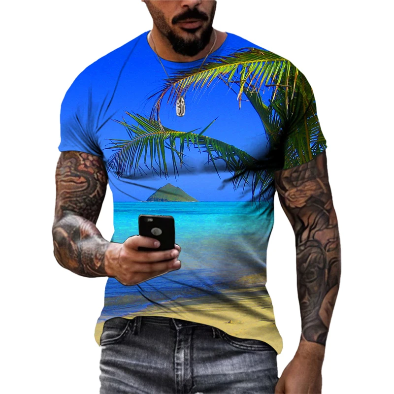 Summer Sunlight Sea Wave Sand Casual Style graphic t shirts Fashion New Men Leisure Printed Round Neck Short Sleeve Tees Tops