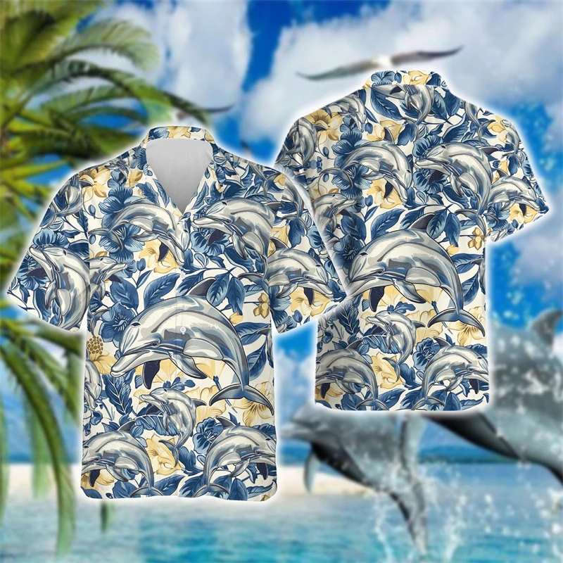 

Hawaiian Dolphin 3D Printed Short Sleeve Shirts For Men Clothes Cute Ocean Animal Surfing Male Beach Shirt Women Blouses Tops