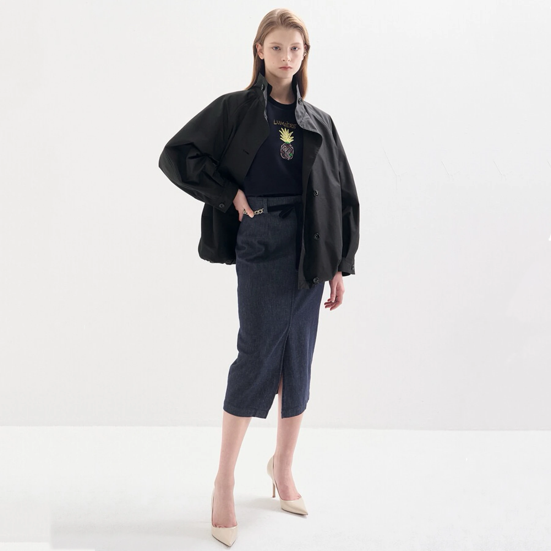 

Повседневная ветровка с лимонным сыром, джет, свободный крой, воротник-стойка, плиссированное универсальное пальто на пуговицах для женщин, осенний сезон