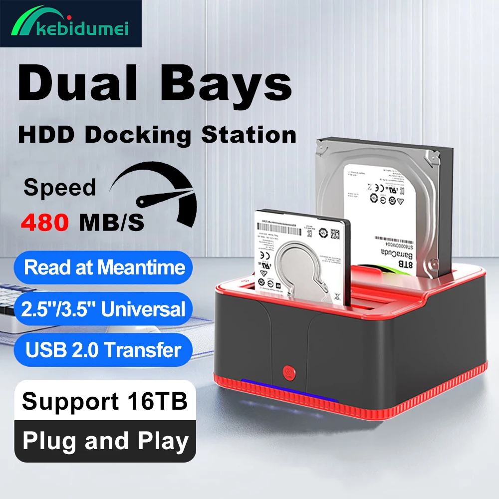 

IDE SATA USB 2.0 Dual Bay HDD Docking Station External Hard Disk Drive 2.5"/3.5" SSD Enclosure One Touch Backup HUB Card Reader