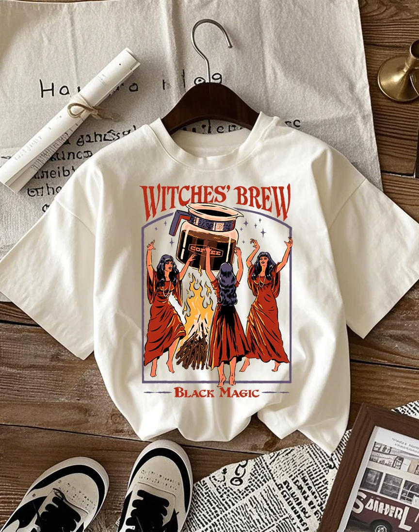 

Черная футболка с волшебным узором Witches Brew, женская летняя универсальная футболка Y2K, мягкая одежда, хлопковая женская спортивная одежда большого размера
