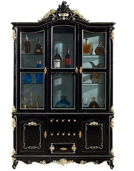 Gabinete de vino de madera maciza de estilo europeo color ébano con puerta de vidrio estilo americano ligero de lujo tres puertas cuatro puertas sala de estar