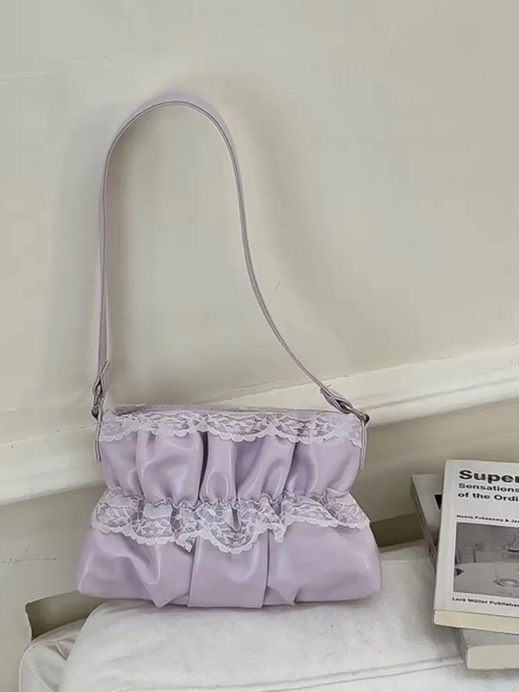

Fashionable Lace Splicing PU Leather Shoulder Bag Women's Korean Style Sweet Pleated Design Underarm Bags Summer Casual Handbags