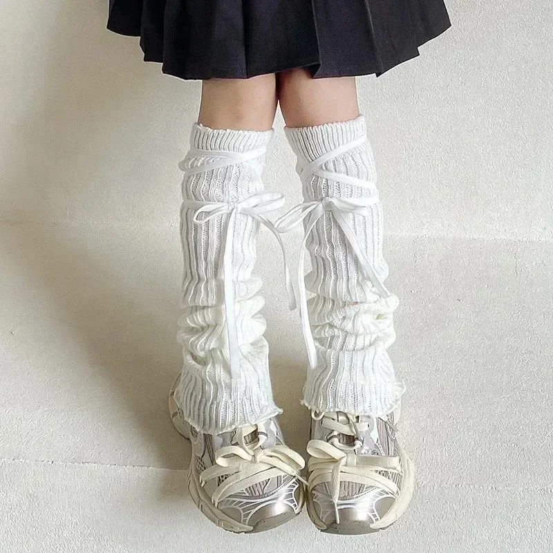 Autumn Winter Children Leg Warmers Lolita Lace Bowknot Knitted Socks Baby Girls Warm Foot Cover Cute Sweet Socks Long Stockings