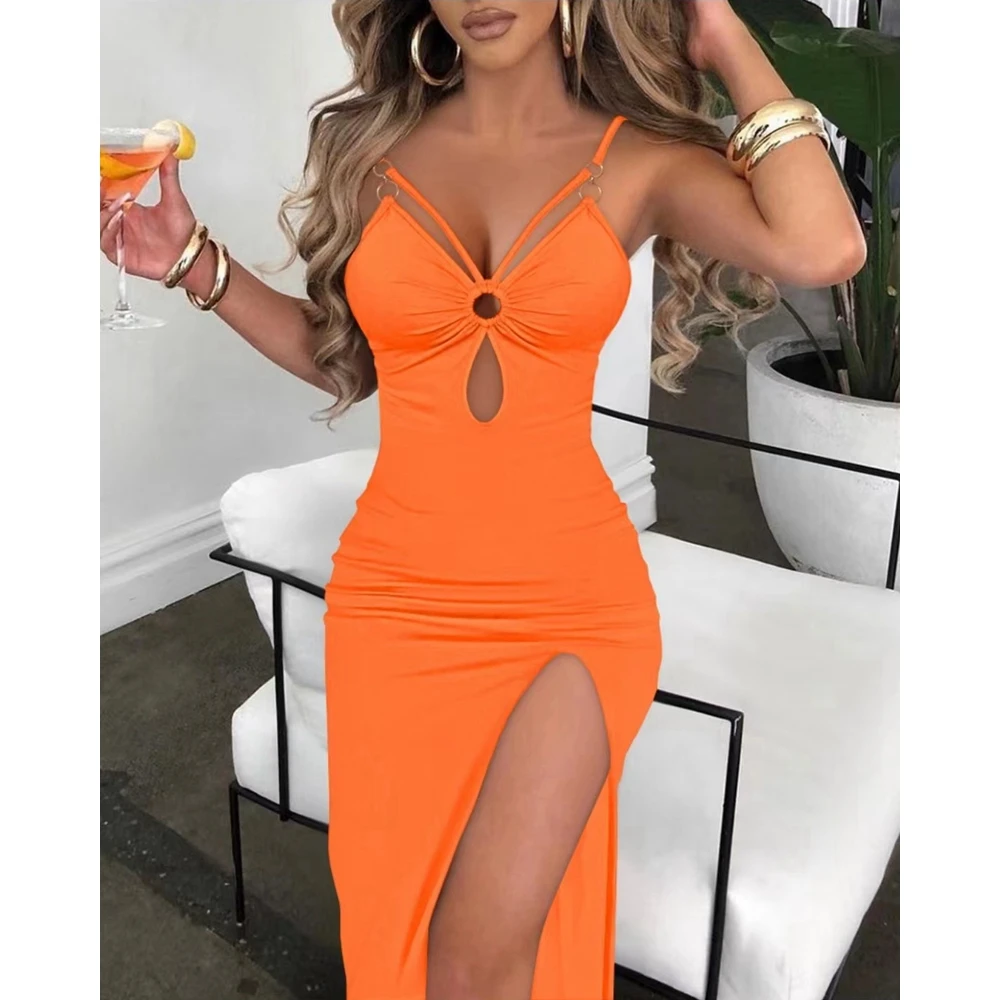 

Summer Women Hollow Out High Slit Bodycon Dress Party Casual Spaghetti Strap Cut Out Midi Dress Fashion Sexy Outfits Streetwear