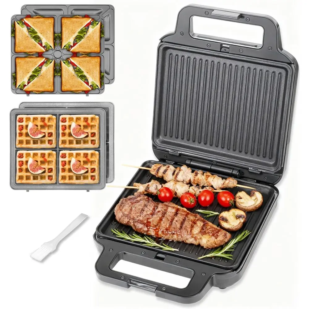 

3-in-1 Electric Sandwich Maker: Panini Grill, Toaster, and Waffle Iron with Removable Plates