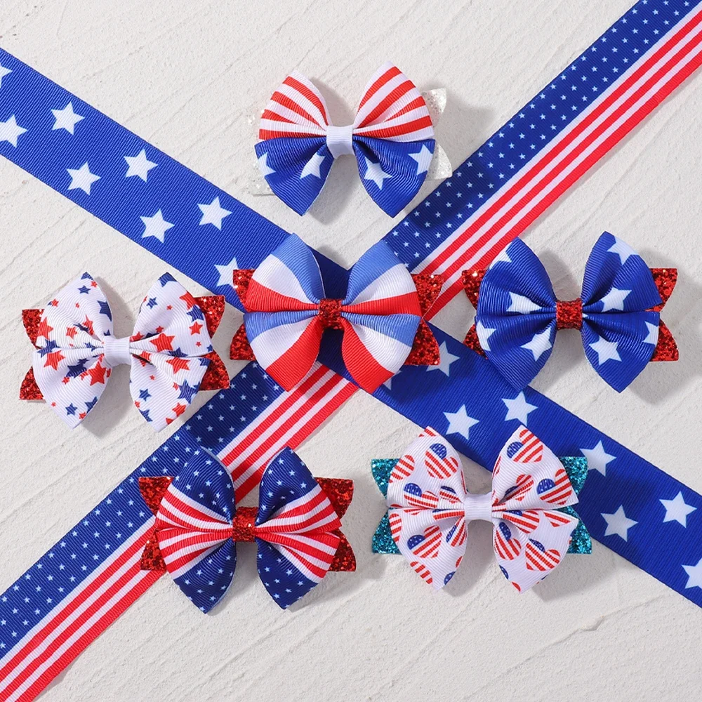 

2pcs/set 3D Print Star Ribbon Hair Bows Clips for Girls Bowknot Hairpin Headwear July 4th Independence Day Hair Accessories