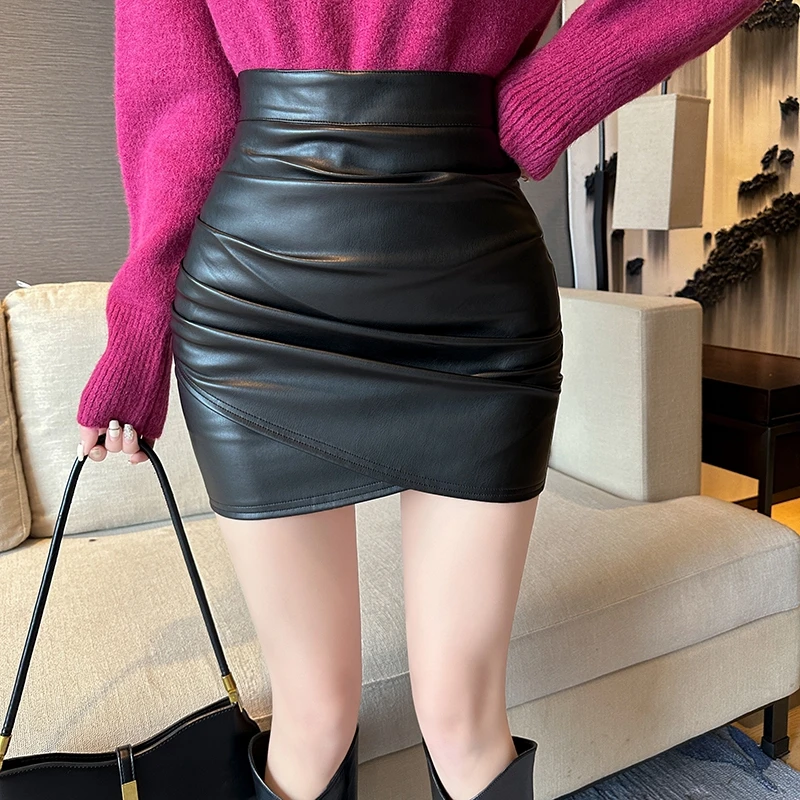 Pu Leather Black Mini Skirts Women Elegant High Waist Bodycon Faldas Largas Korean Style Y2k Clothes Sexy Micro Pencil Skirt