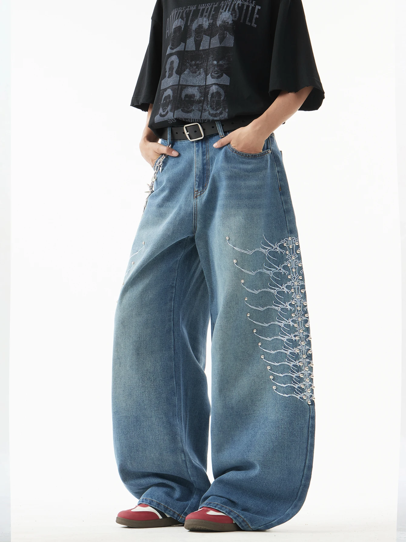Men's Versatile Baggy Wide-Leg Jeans, Beaded And Embroidered Men's Trousers, Casual Men's Denim Pants, Suitable For All Seasons