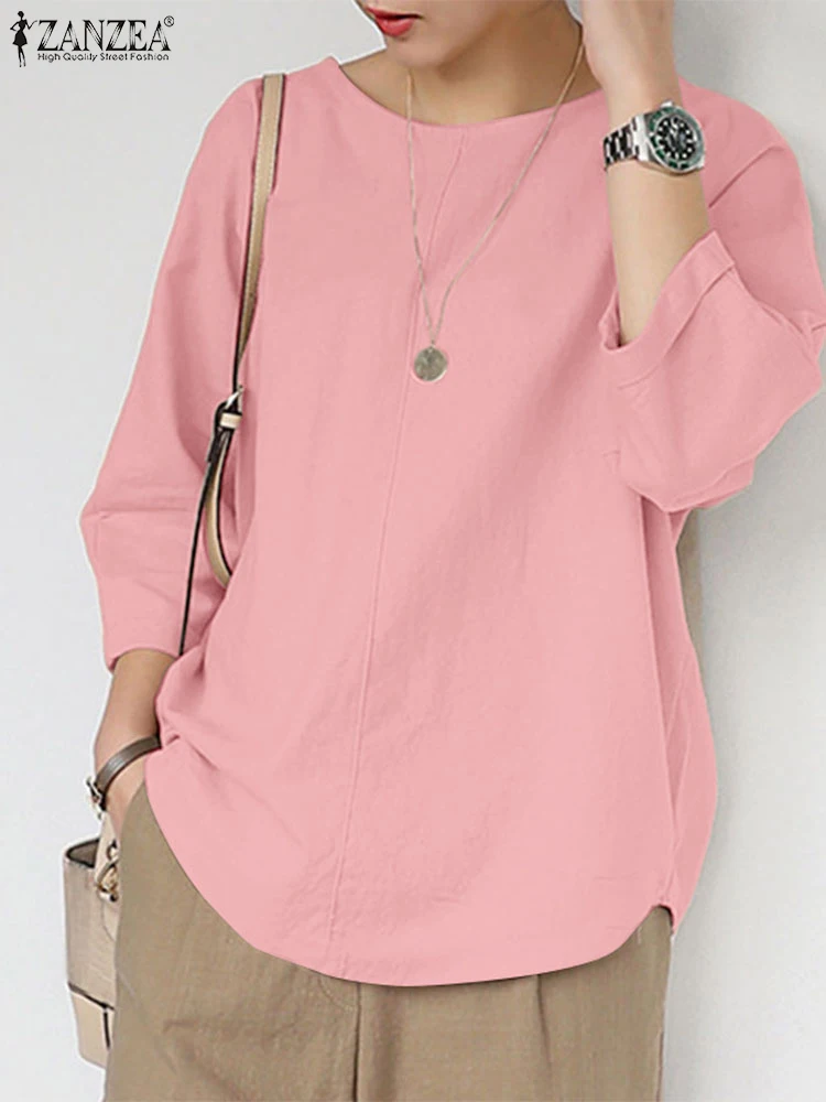 

ZANZEA 2025 Summer Cotton Linen Long Tops Solid Color Day Wear Casual O-Neck Blouses 3/4 Sleeve Woman High-Low Blusas Mujer