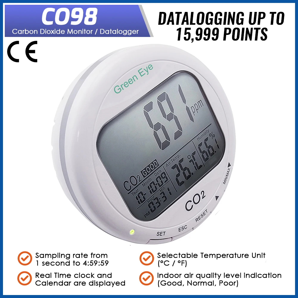 

CO2 Monitor Carbon Dioxide Desktop Datalogger W/ Software Indoor Air Quality Temperature Relative Humidity RH