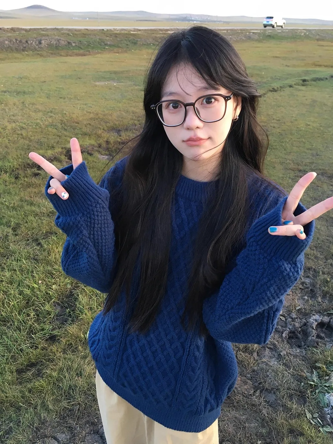 

Trendy Couples Loose Fit round Ne Knitted Sweater Men's Autumn Winter Faion Blue Twist Yarn Long Sve Casual Top