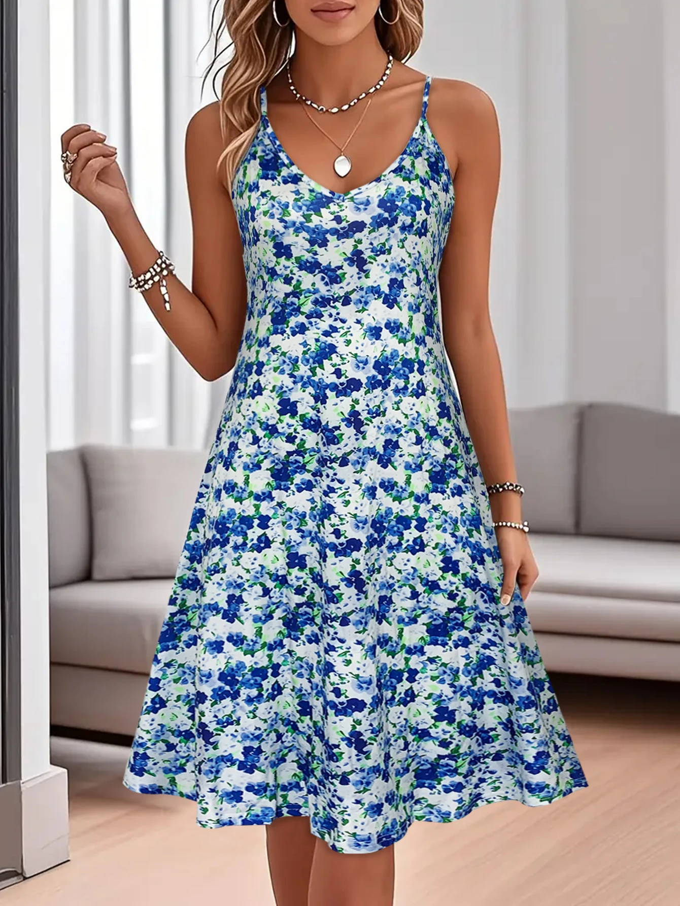 Blaues Midikleid mit Blumenmuster und Spaghettiträgern für Damen, sommerliches, lässiges, fließendes A-Linien-Sommerkleid mit V-Ausschnitt