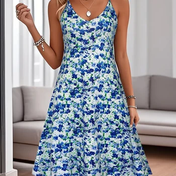 Women's Blue Floral Print Spaghetti Strap Midi Dress, Summer Casual V Neck Flowy A-Line Sundress