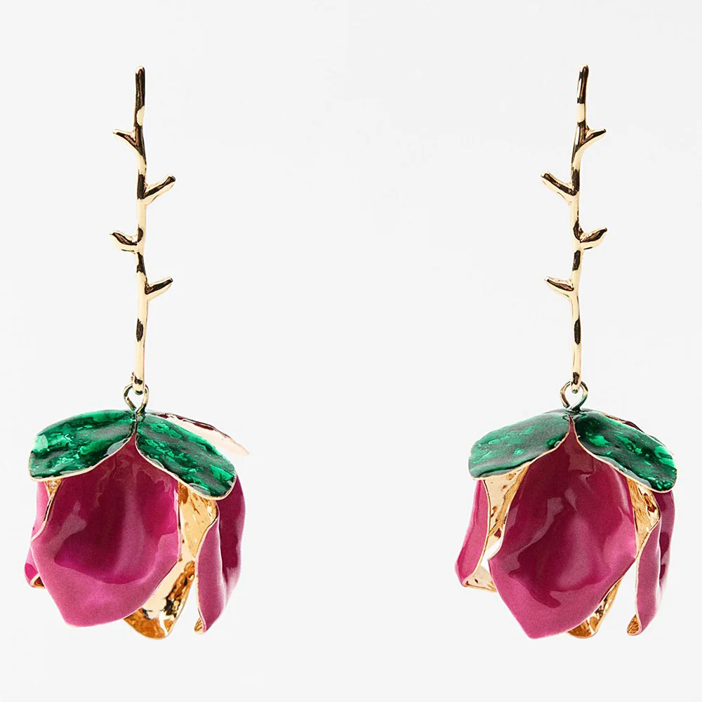 Vedawas Artistic 3D Rose Drop Earrings with Enamel Petals and Green Leaves for Elegant and Bohemian Women