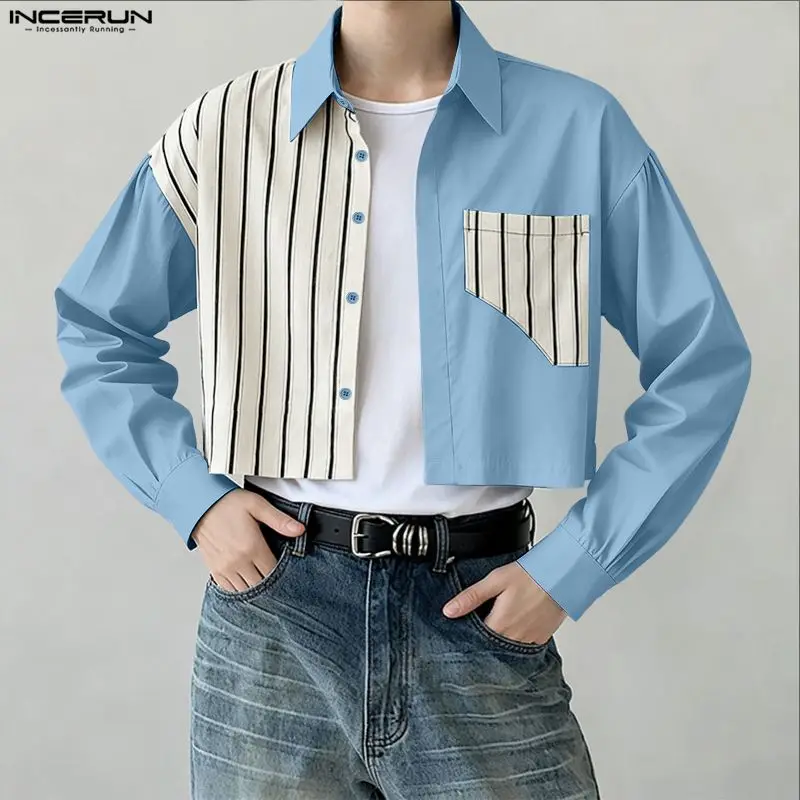 INCERUN Men Shirt Striped Patchwork Lapel Long Sleeve Casual Men Clothing Streetwear Loose Pockets Fashion Shirts Male Crop Tops