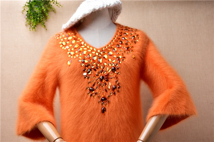 Female Women Fall Winter Thick Warm Orange Hairy Beaded V-Neck Half Sleeves Slim Blouses Angora Fur Pullover Jumper Sweater Pull