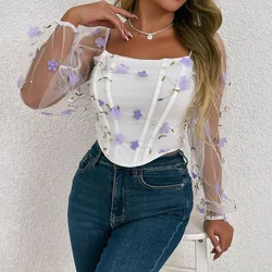 Woman clothing Sexy Mesh Long Sleeve Corset T-shirt Blouses See-through Embroidery Flowers Double Fishbone Top Corset Clothing