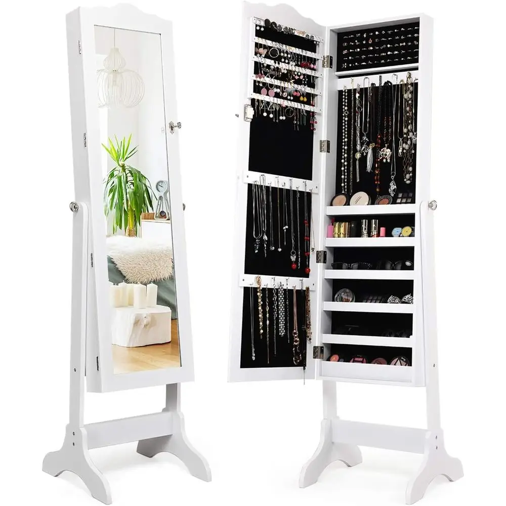 

Armoire with Full Length Mirror, Lockable Standing Cabinet, Mirror with Storage, Ring Earring Necklace Makeup Display, Organizer