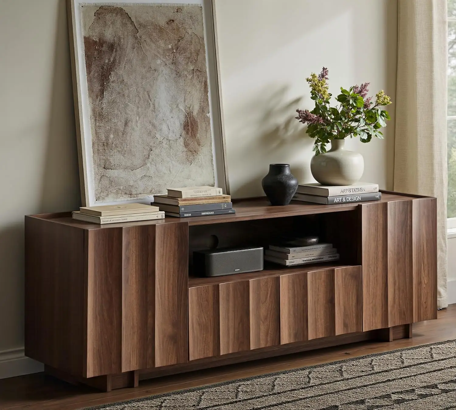 

61' Mid Century Modern TV Stand with Wave Design, Wood Grain Finish, Adjustable Shelves, Living Room