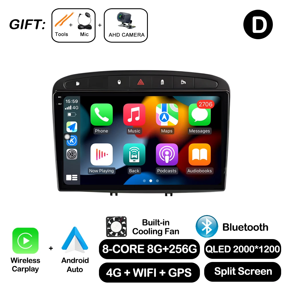 Android Auto voor Peugeot 308 SW 2007-2015 408 2012-2020 Draadloze Carplay Autoradio Multimedia Speler WiFi GPS Navigatie