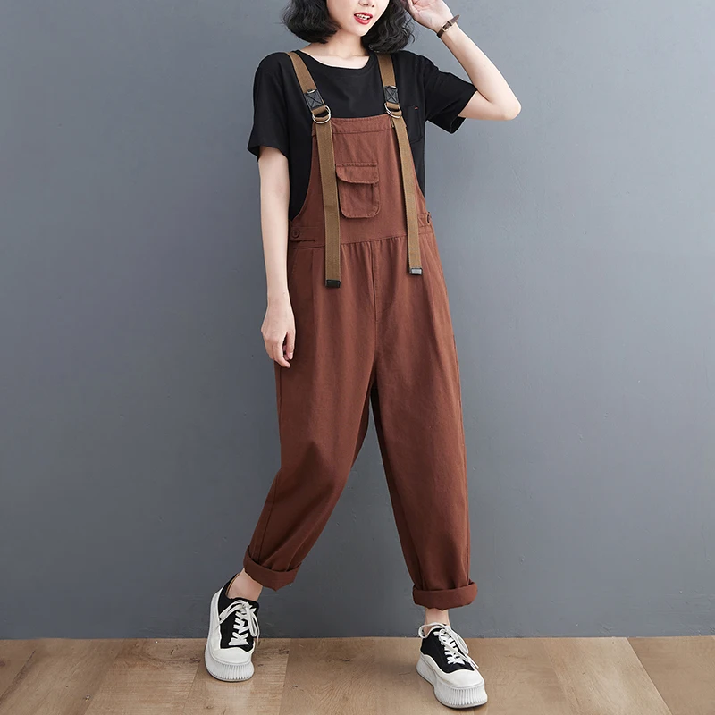 Fashion Streetwear Women's Jumpsuits 2023 Spring Loose Wide Leg Baggy Cargo Pants Straps Denim Overalls Brown Black Dungarees