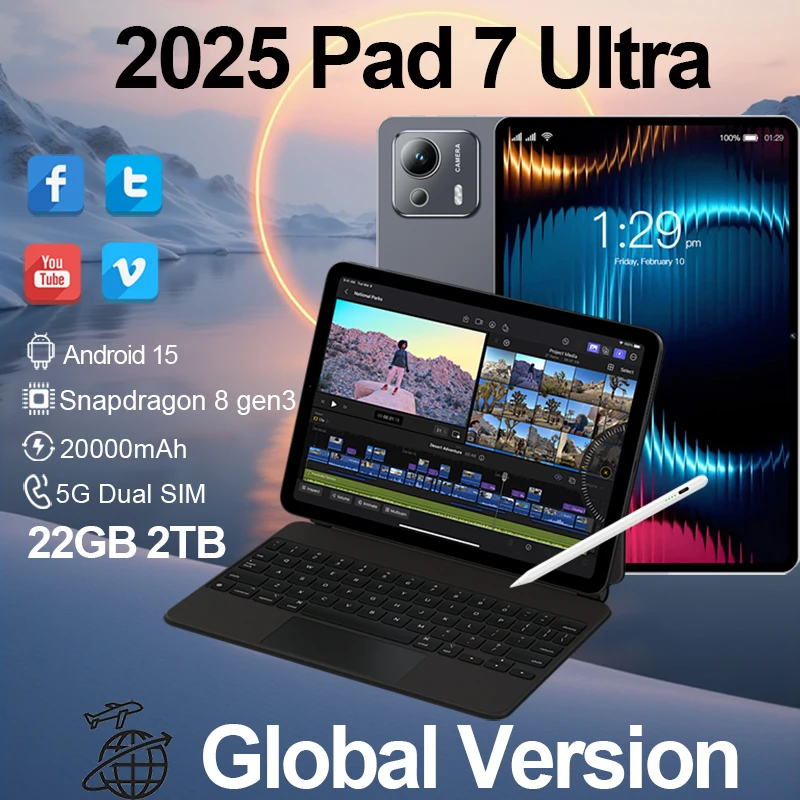 2025 Original Pad 7 Ultra tablette Snapdragon 8 gen3 Android 15 22GB + 2TB 5G double SIM 10 cœurs 20000mAh 4G/5G WiFi WPS 7Ultra
