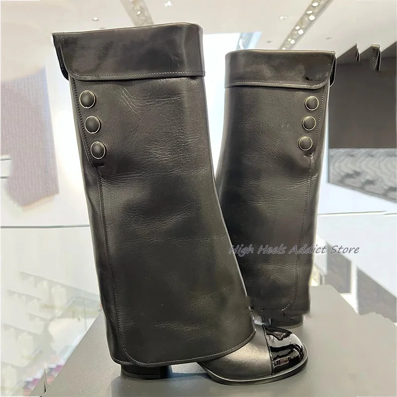 2024 New in Black Block Heel Leather Knee High Boots Luxury Designer Round Toe High Heels Tall Boots Winter Shoes for Women