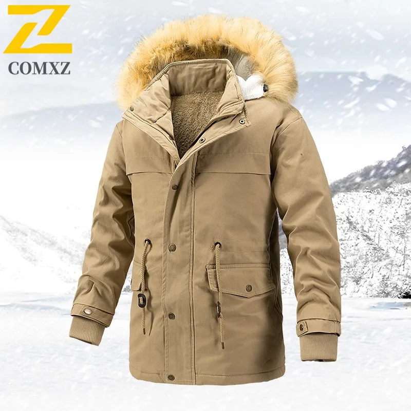 CoMXZ Jaqueta masculina de algodão forrada de lã espessada plus size inverno casual ao ar livre casaco quente de comprimento médio corta-vento leve